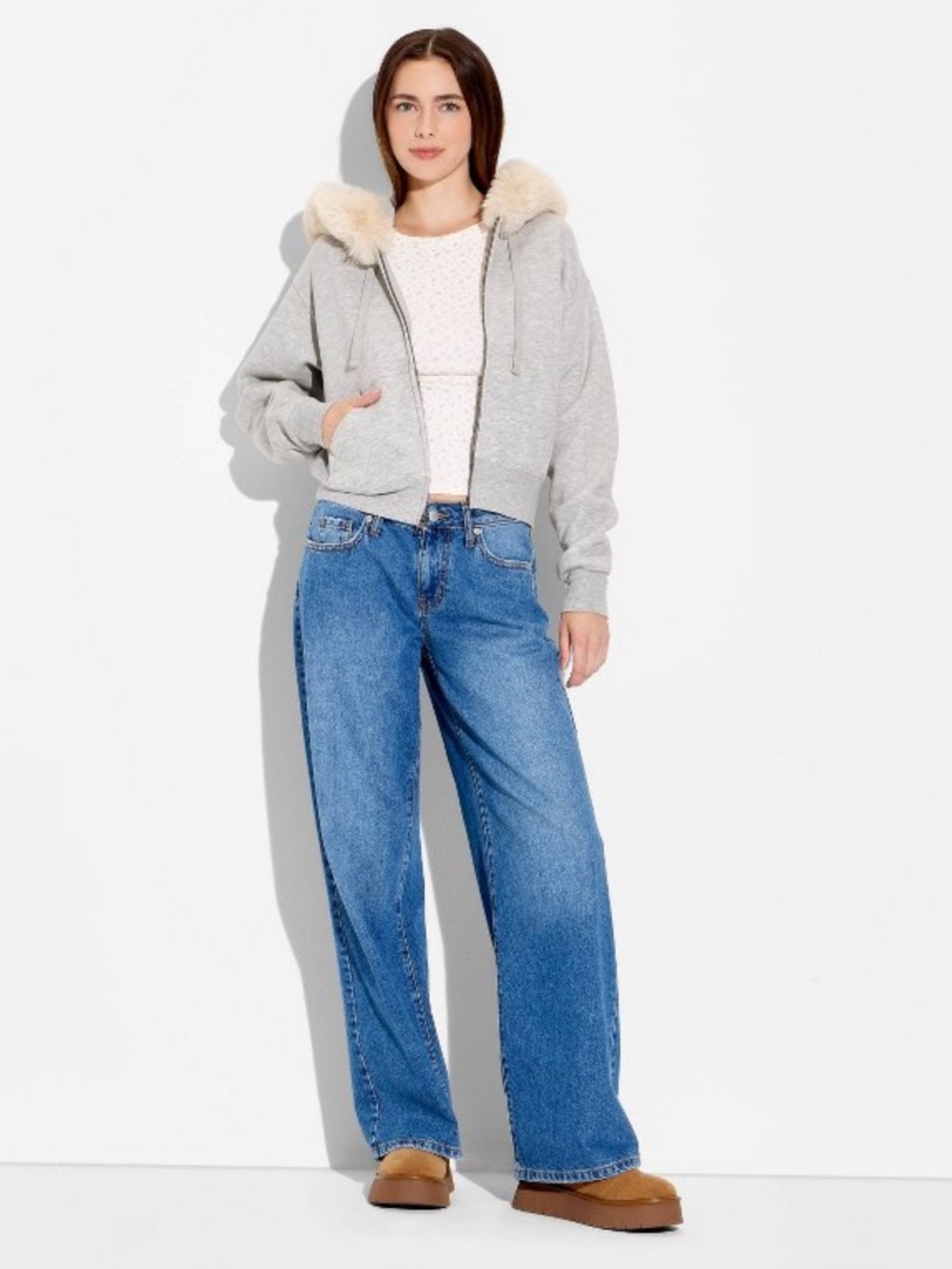 Wild Fable Faux Fur Trim Hooded Zip Up Sweatshirt